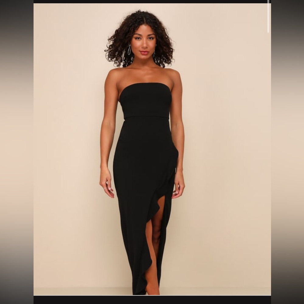 After Hours Black Strapless Ruffled Maxi Dress